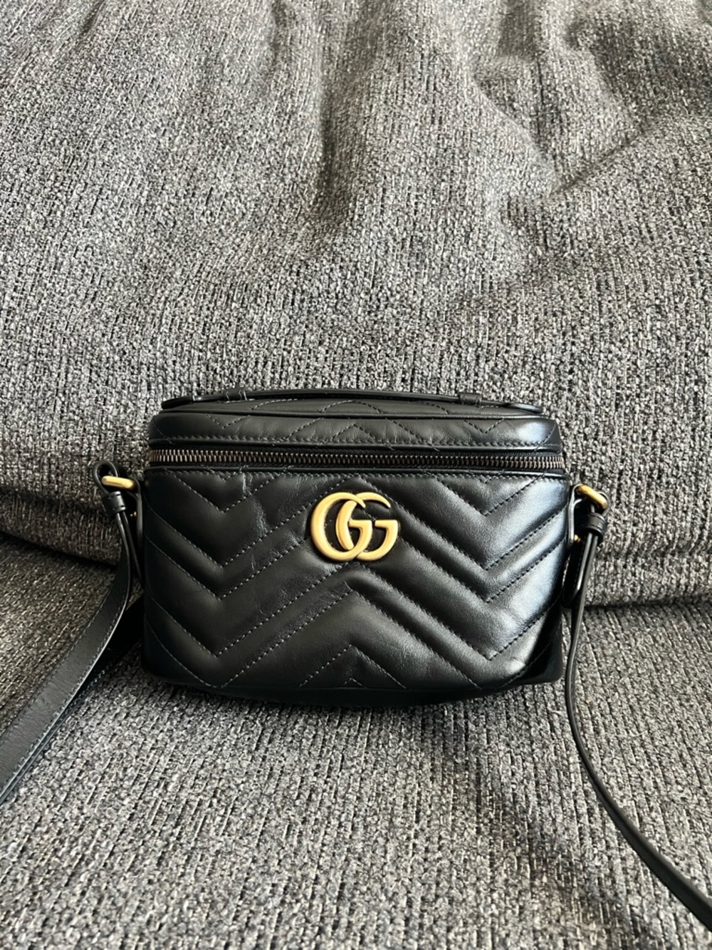 Gucci Black Quilted GG Marmont Camera Crossbody with Gold Hardware
